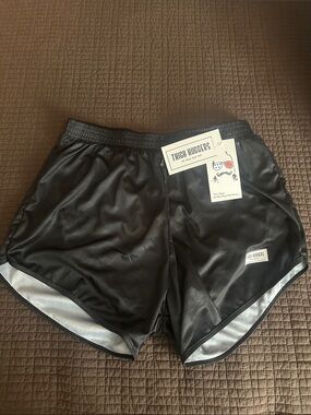 Thigh Huggers Black Athletic Shorts with white Trim. M/L